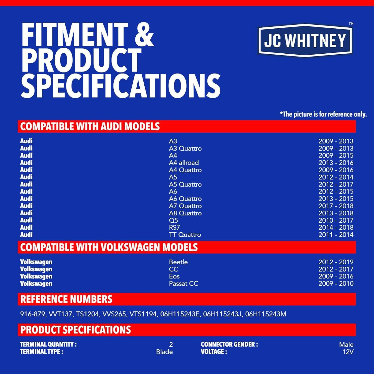 JC Whitney JFBAJCWTCV00163 Engine Variable Valve Timing Solenoid (VVT) - Compatible with Volkswagen Beetle 12-19, CC 12-17, Eos 09-16, Passat CC 09-10, Audi A4 09-15 - 1.8L 2.0L 2.5L 4.0L
