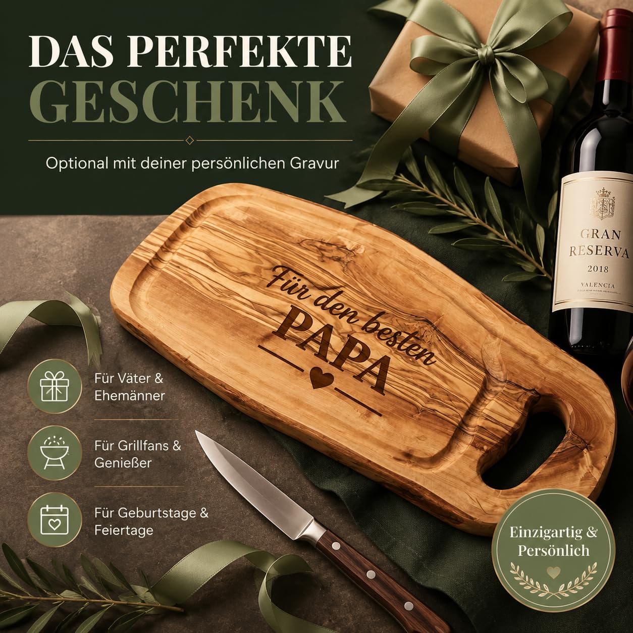Olivenholz Steakbrett mit Saftrille - Personalisiertes Schneidebrett mit Grifflasche für Steak, Fleisch, Grill & BBQ (44-49 cm)