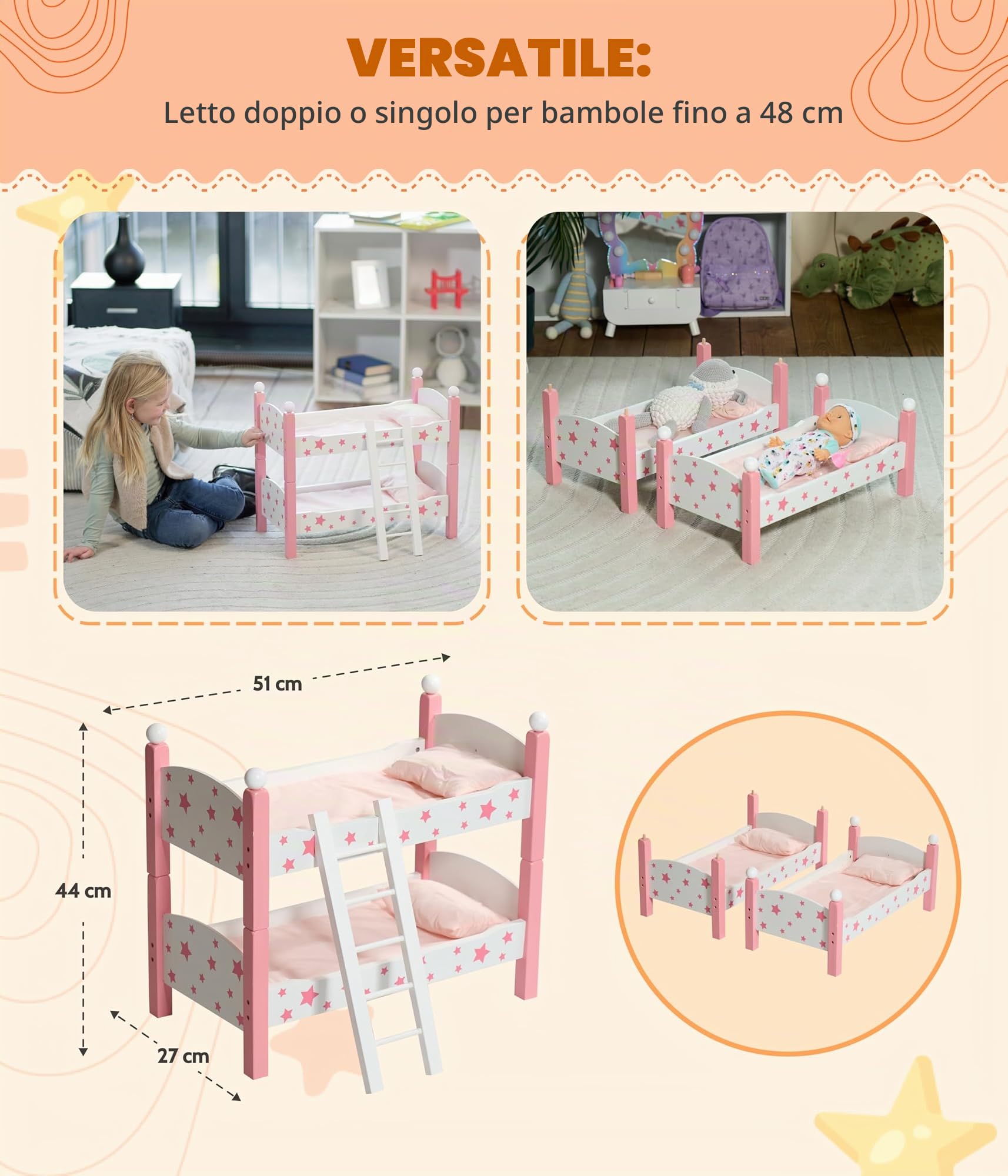 Bayer Chic 2000 - Letto a Castello per Bambole Fino a 48 cm, per Bambole, mobili per Bambole, Stelle Rosa, Piccolo