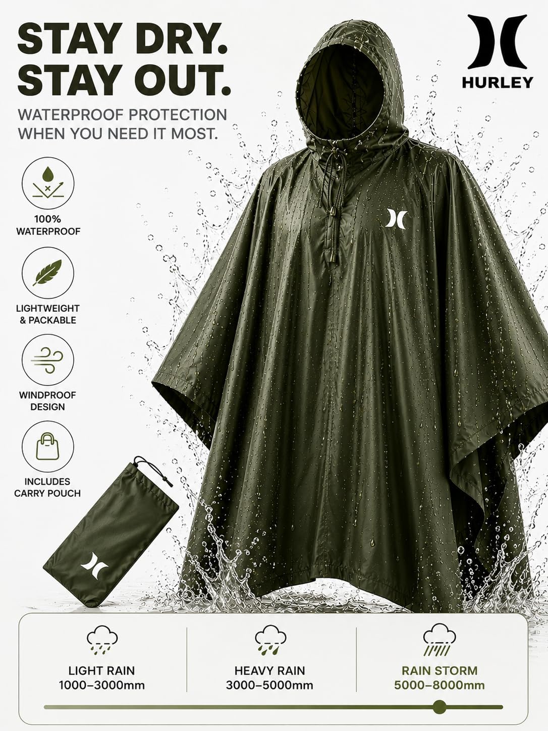 Hurley Ponchos Adult Rain Ponchos Waterproof Lightweight Packable Rain Top