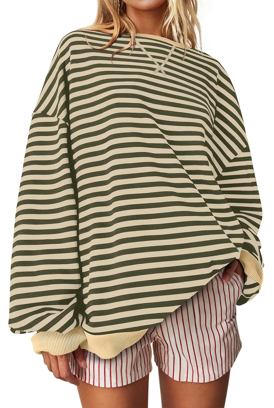 UEU Women Oversized Striped Crewneck Sweatshirt Long Sleeve Color Block Pullover Tops Casual Loose Workout Shirt, Darkgreenapricot Striped, M