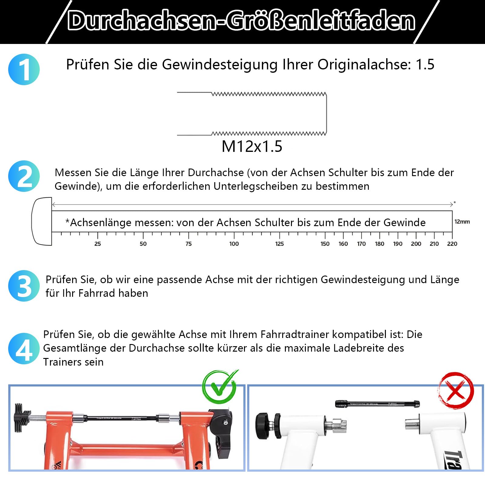 12 mm Steckachse für Fahrradtrainer, M12 Thru Axle Adapter für Hinterrad-Befestigung, Kompatibel mit Heimtrainer