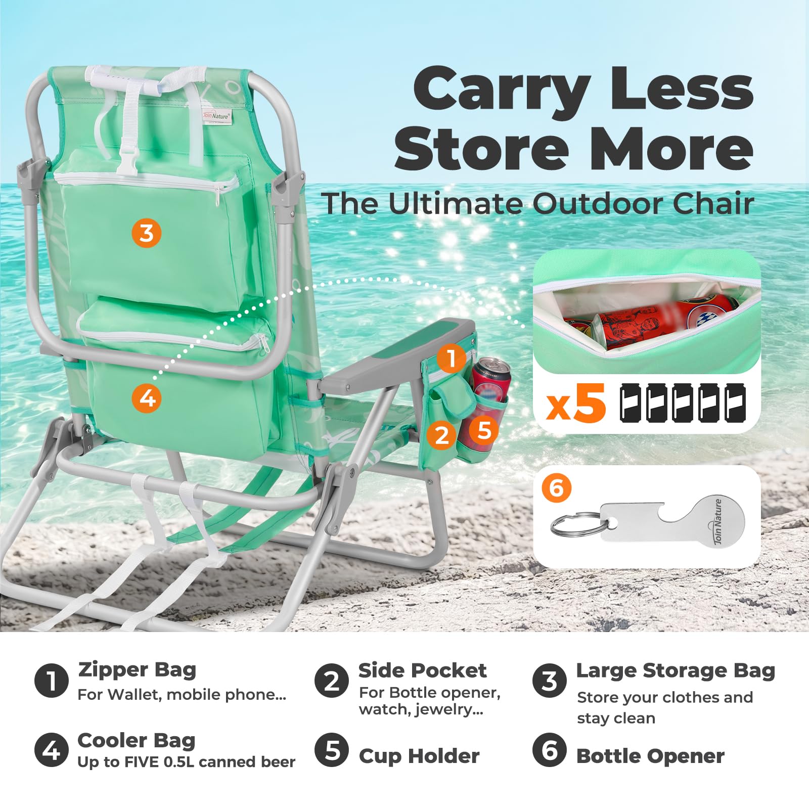 Homecall Join Nature Chaise de plage pliante légère avec dossier réglable à 5 niveaux - Pliable jusqu'à 150 kg - Pour la plage, l'extérieur (basse, océan menthe, 1 pièce)