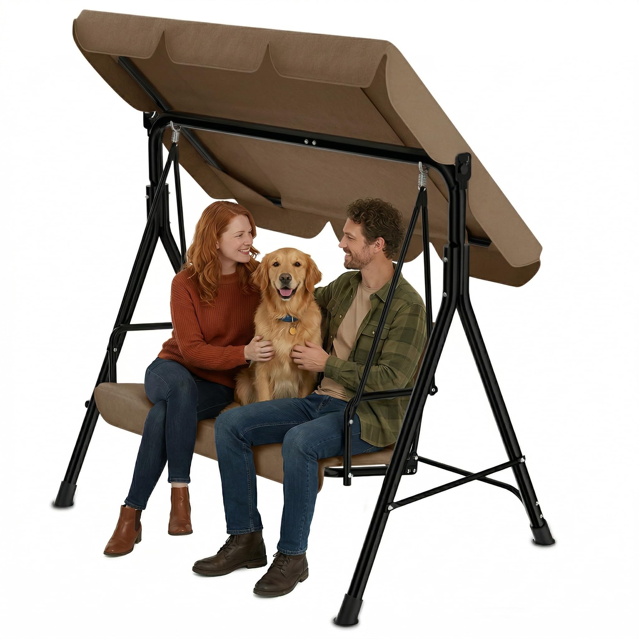 Dondolo a 3 posti, marrone scuro, con tetto regolabile e imbottitura confortevole da 6 cm, telaio in acciaio 200 kg, resistente alle intemperie, per esterni, marrone scuro, 175 x 110 x 152 cm