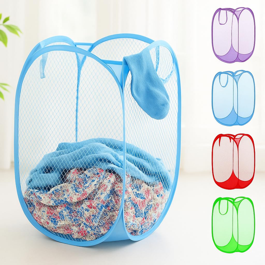 Heavy Duty Laundry Basket | Large Round Collapsible Storage Hamper | for Blankets, Toys & Laundry | Foldable Home Organizer for Dorm, Apartment | Blue