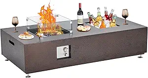 56" Propane Fire Pit Table with Ice Bucket,50000BTU Fire Table with 13" Square Drink Ice Bucket Wind Guard, Fire Glass Beads & CSA Safety Certified Outdoor Firepit for Patio Yard Garden(Bronze)