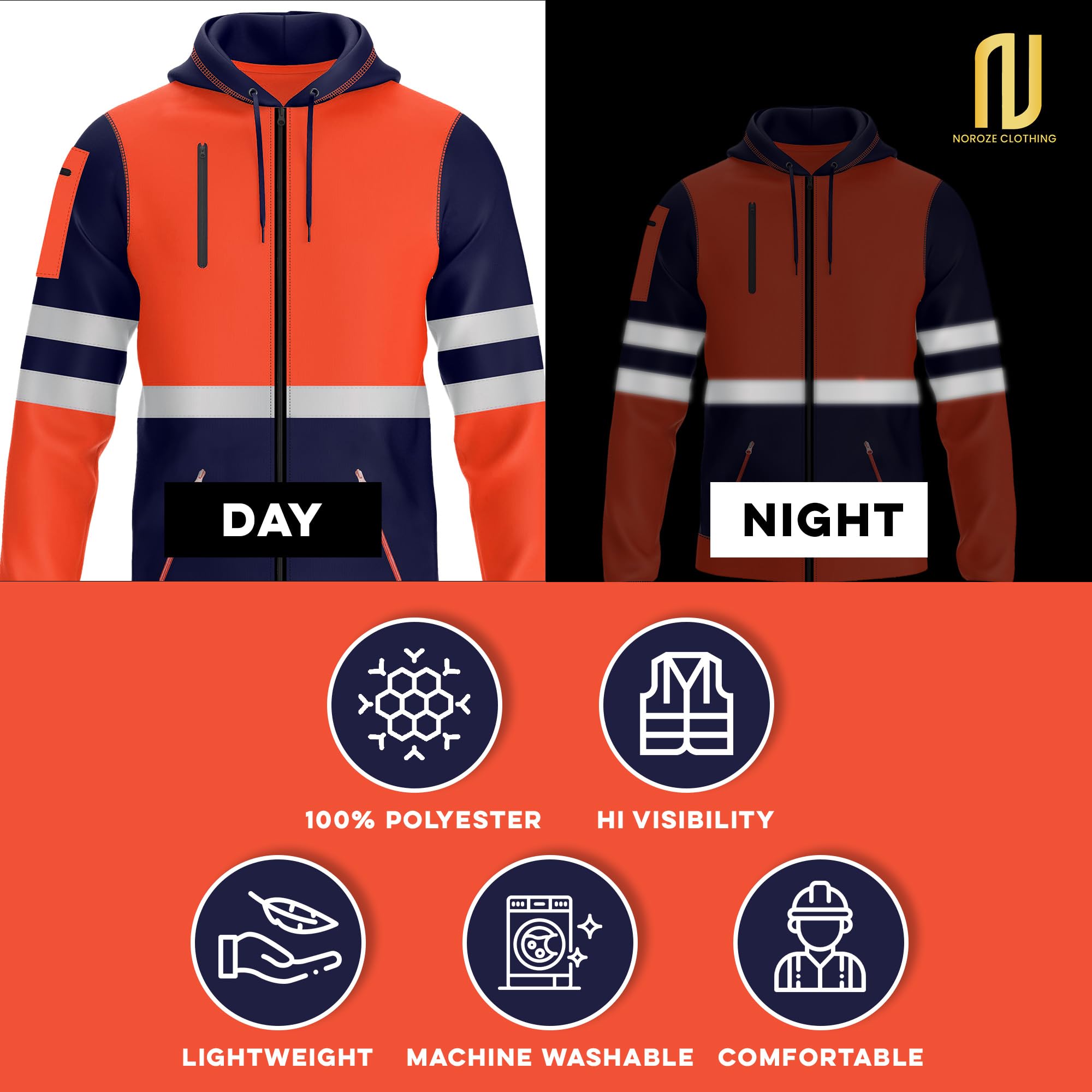 NOROZE Sudadera Alta Visibilidad Hombre con Capucha y Cinta Reflectante Cremallera Completa