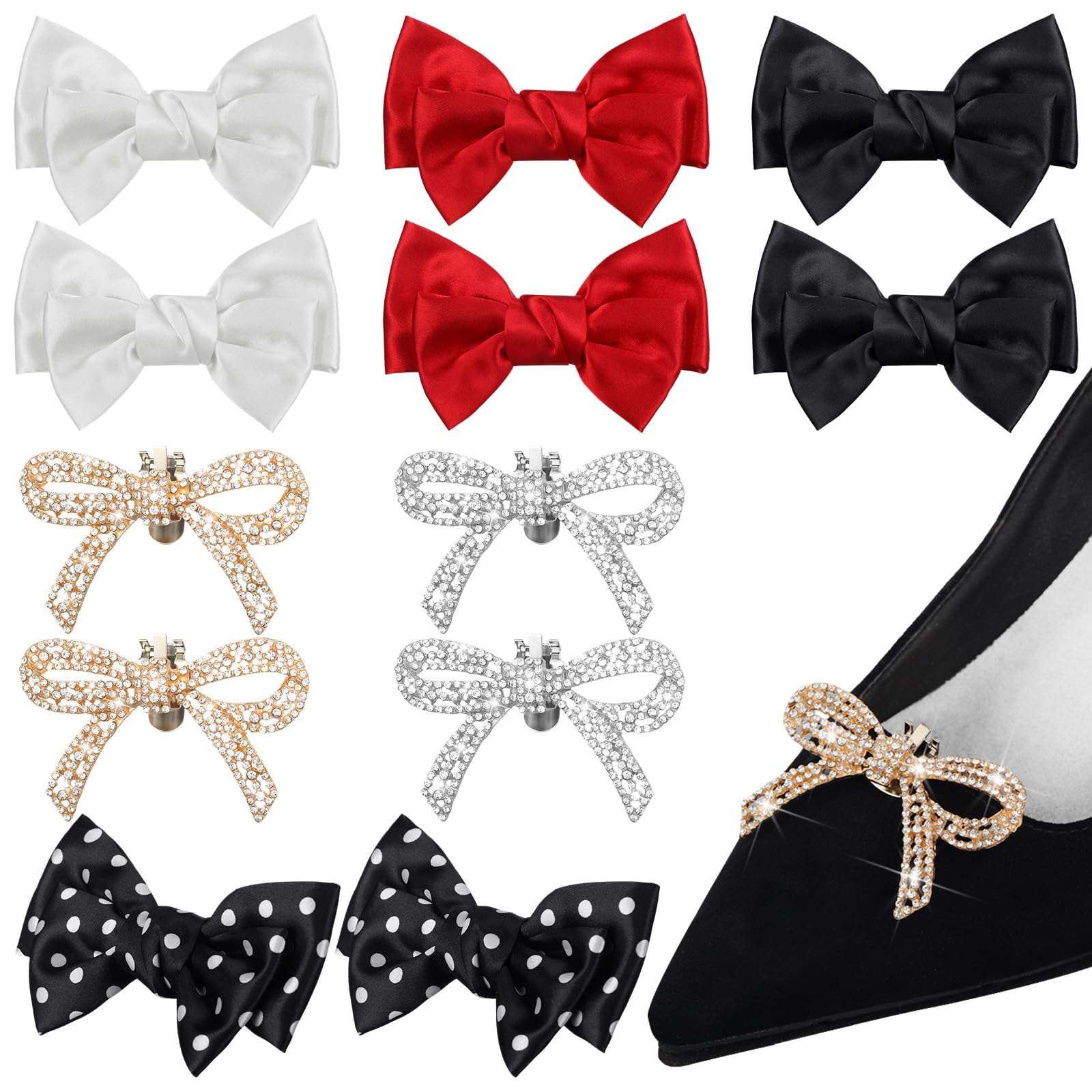 Maysing 6 Pairs Bow Shoe Clips Rhinestone Satin Bow Shoe Buckle Solid Color Decorative Shoe Clips Removable Gold Silver Shoe Clips for Women Wedding Party Bag Shoe Accessories Charms