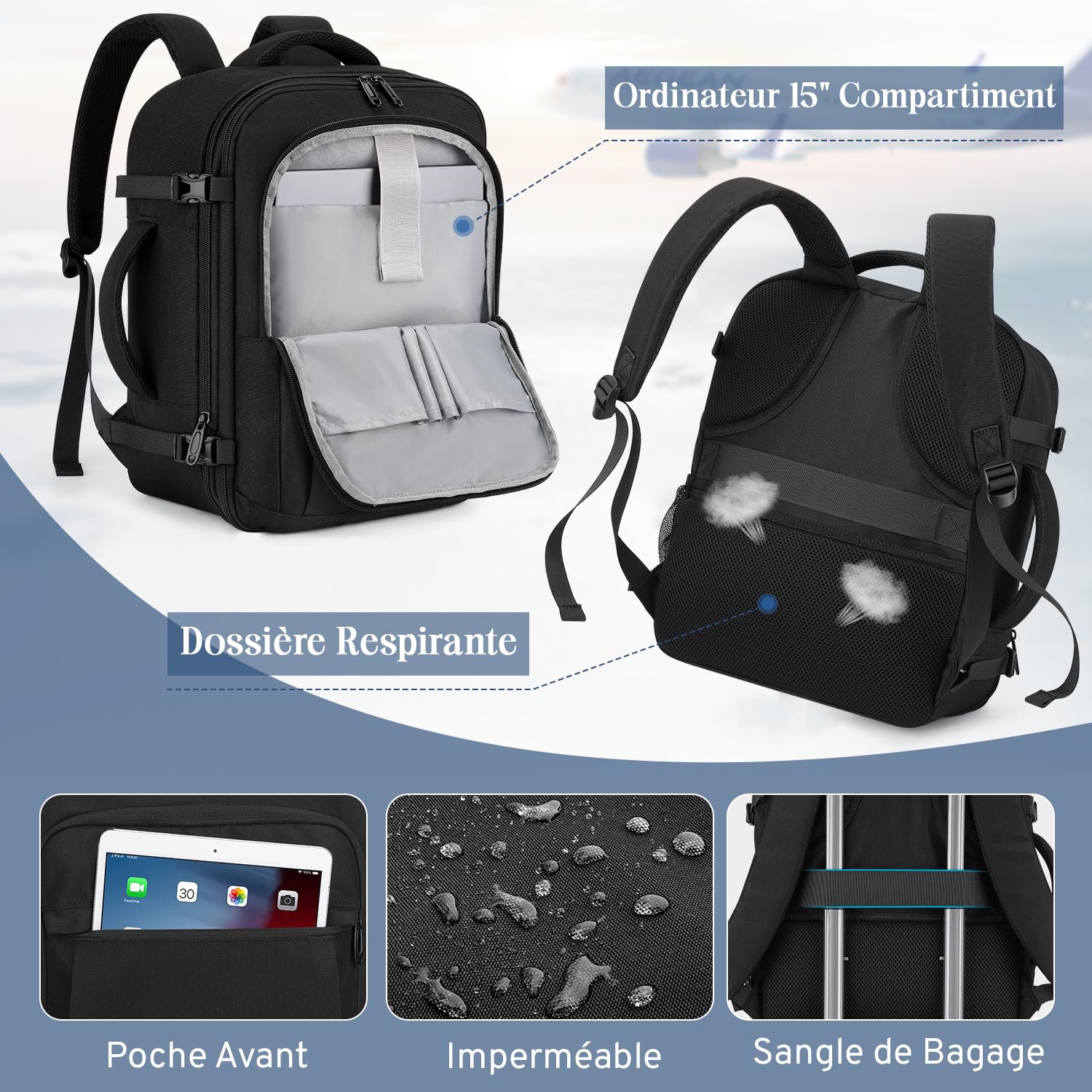VSNOON Sac de Voyage, Sac à Dos Cabine Avion Extensible 24L-30L, Bagage Cabine 40x30x20 avec Poche Humide pour Ryanair EasyJet Wizz & Transavia, Sac à Dos Ordinateur 15 Pouces Imperméable, Noir