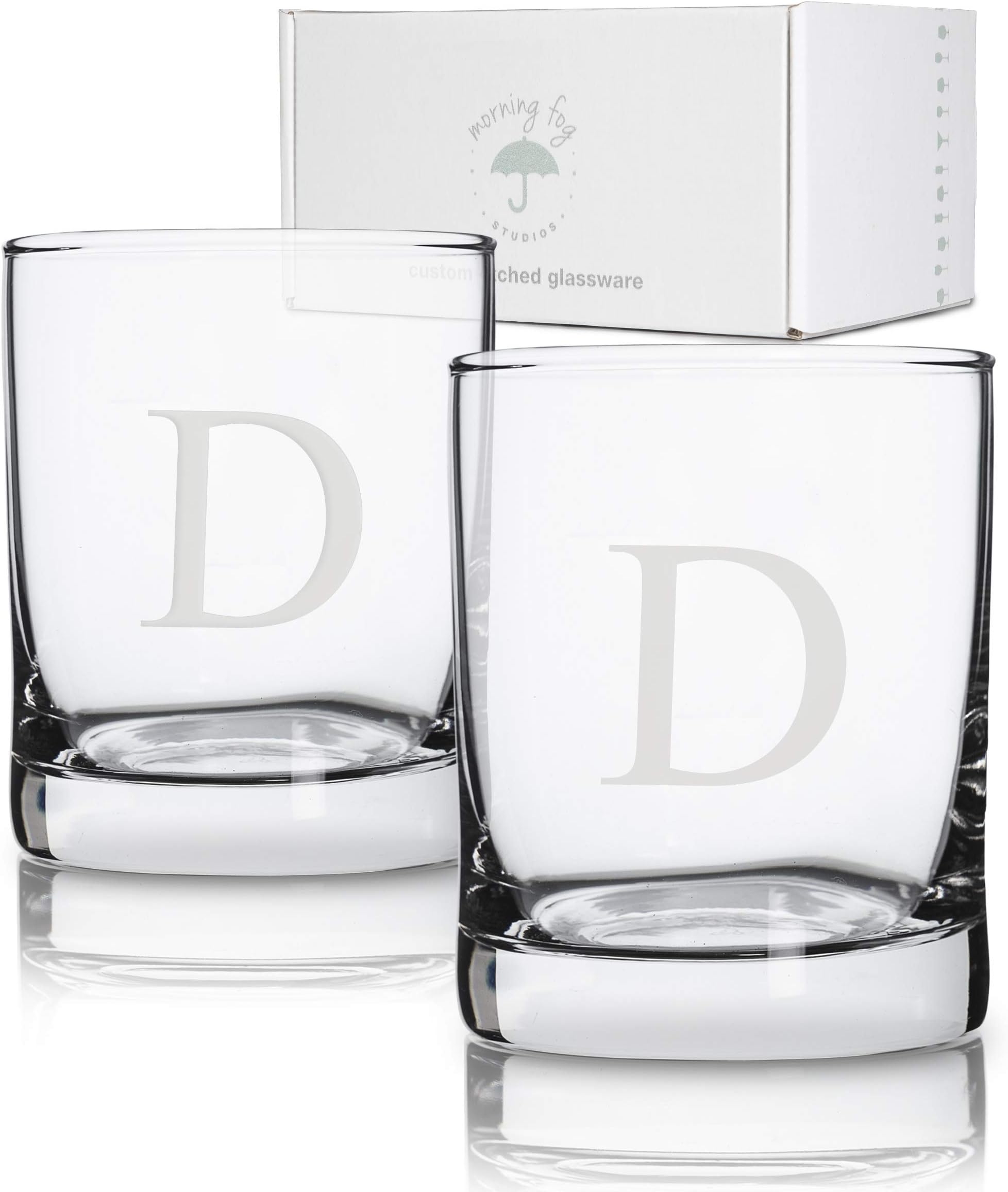 Personalized Whiskey Glasses Set of 2, Engraved Monogram Old Fashioned Bourbon Glassware, 12.5 oz, Ideal for Men, Gifts, Birthday, Anniversary, Christmas, Groomsmen, (D)