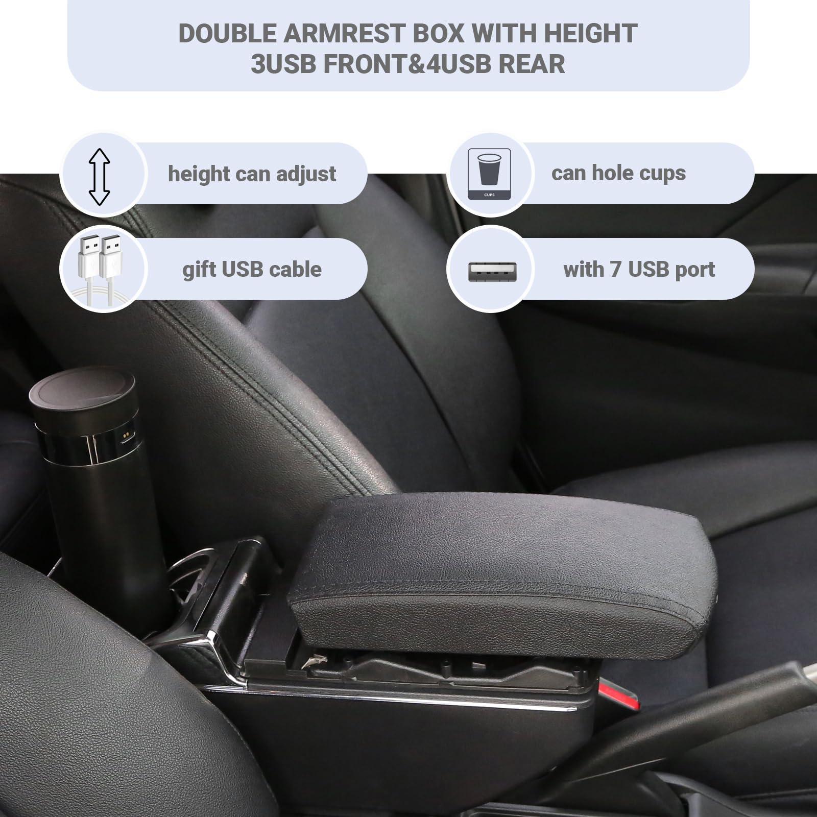 Compatible con Toyota Yaris iA Sedan 2017-2018, reposabrazos de consola central ajustable para coche, cargadores USB duales, parte delantera trasera, soporte de brazo de asiento de coche