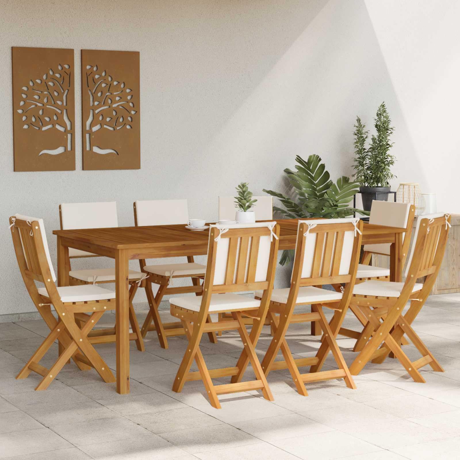 Zewnętrzne krzesła bistro z poduszką, 8 szt., kremowo-białe, 38 x 46 x 85 cm, lite drewno akacjowe, składane, ogrodowe, balkonowe, tarasowe z tapicerką i zdejmowaną poduszką, do wypoczynku