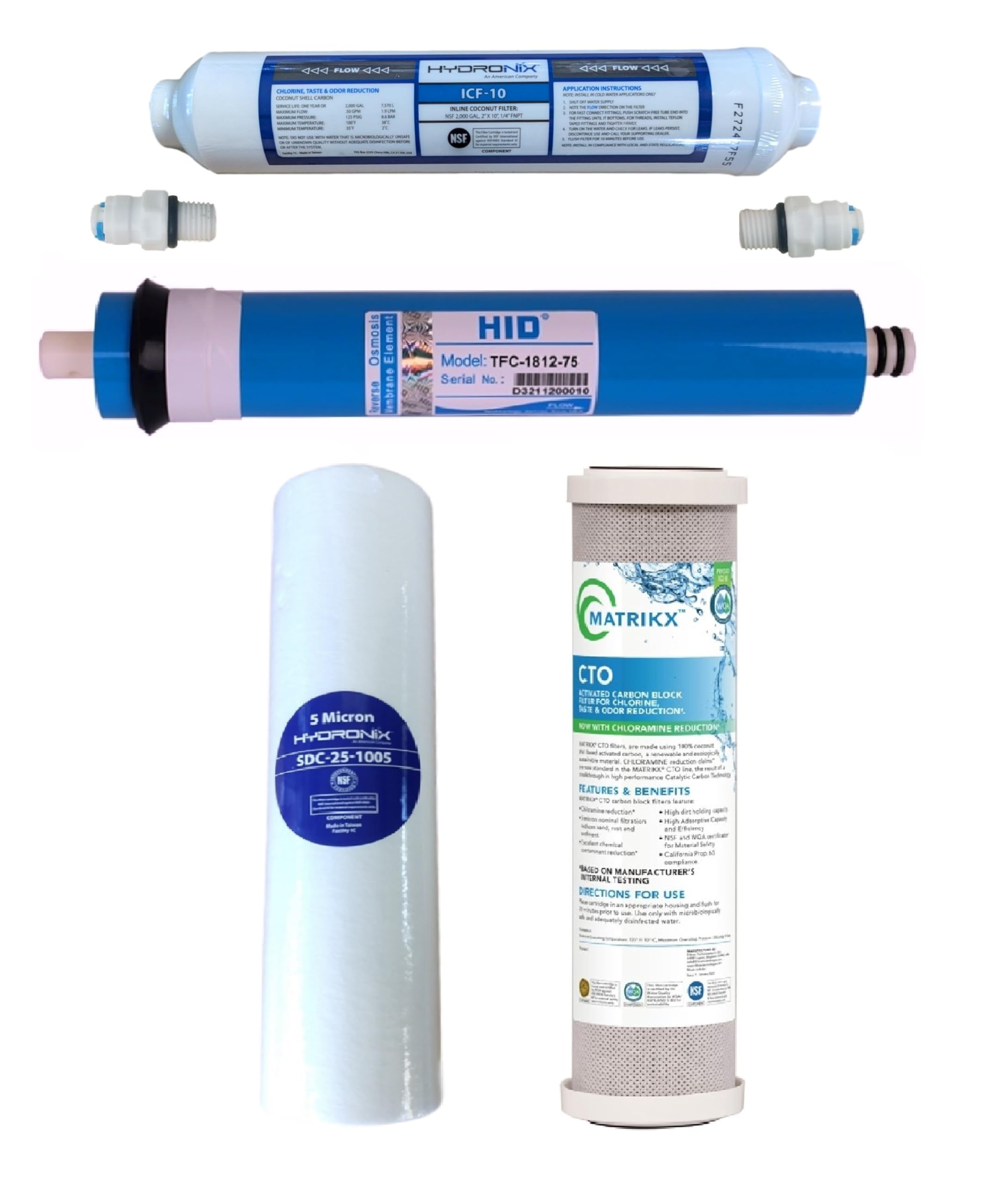 Reverse Osmosis Filter Replacement Set - 4-Stage RO Filters with 75 GPD Membrane Universal Fit for Undersink Water Filter Systems - 4-Pack
