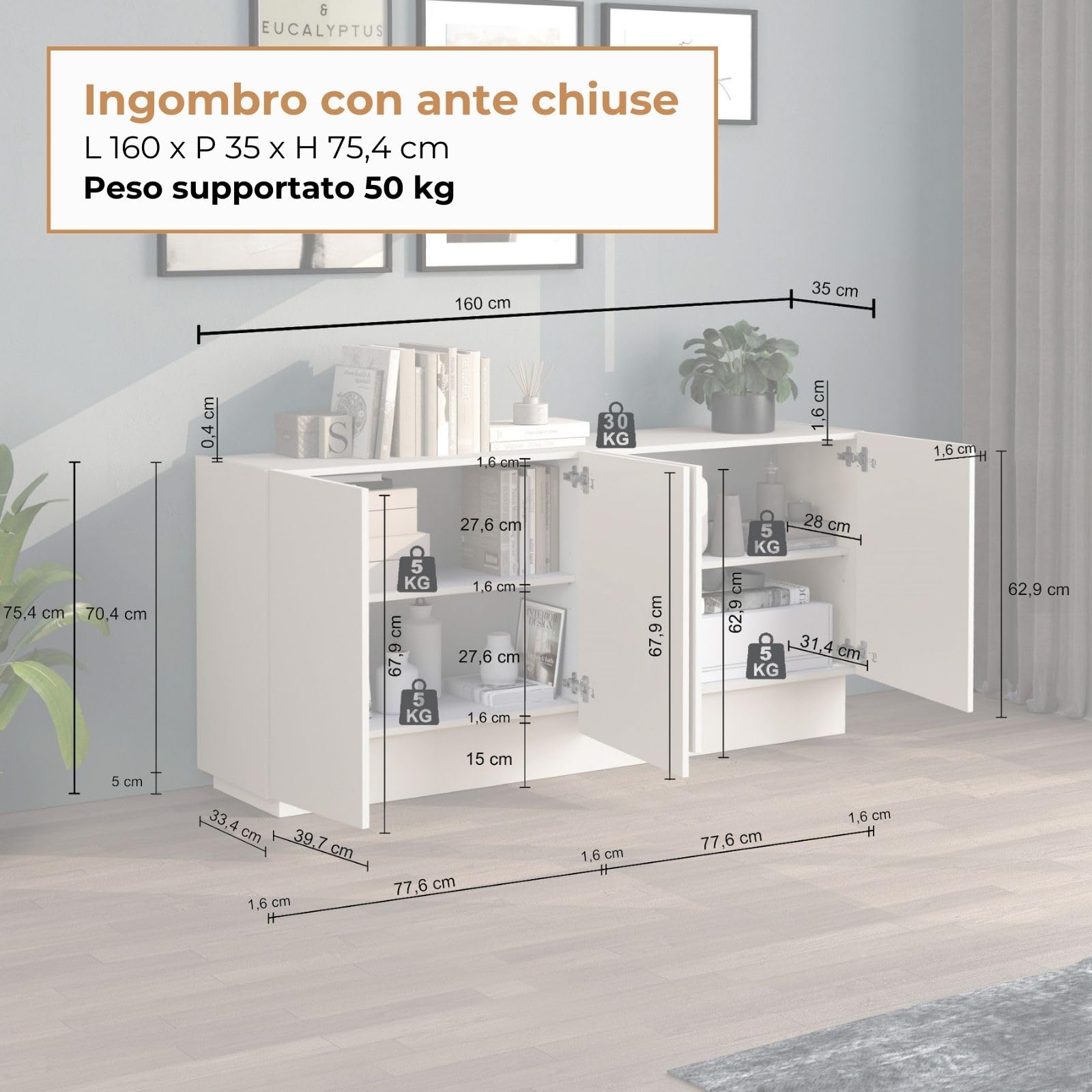 WHOUS Credenza e Buffet VELA per Soggiorno con 4 Ante e 4 Vani, Madia per Salotto, Cucina e Sala da Pranzo in Legno, 160x35x75,4 cm, Cashmere