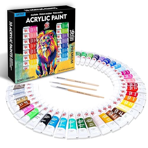 TBC Colori Acrilici 36 x 12 ml, Set Acrylic Paint, colori base e metallizzati, Acrilico per Dipingere Professionali Vernice Acrilica per fai da te, Pietra, Ceramica, Legno, carta,Tela, Sassi, Tessuto - 36 colori, 12 ml