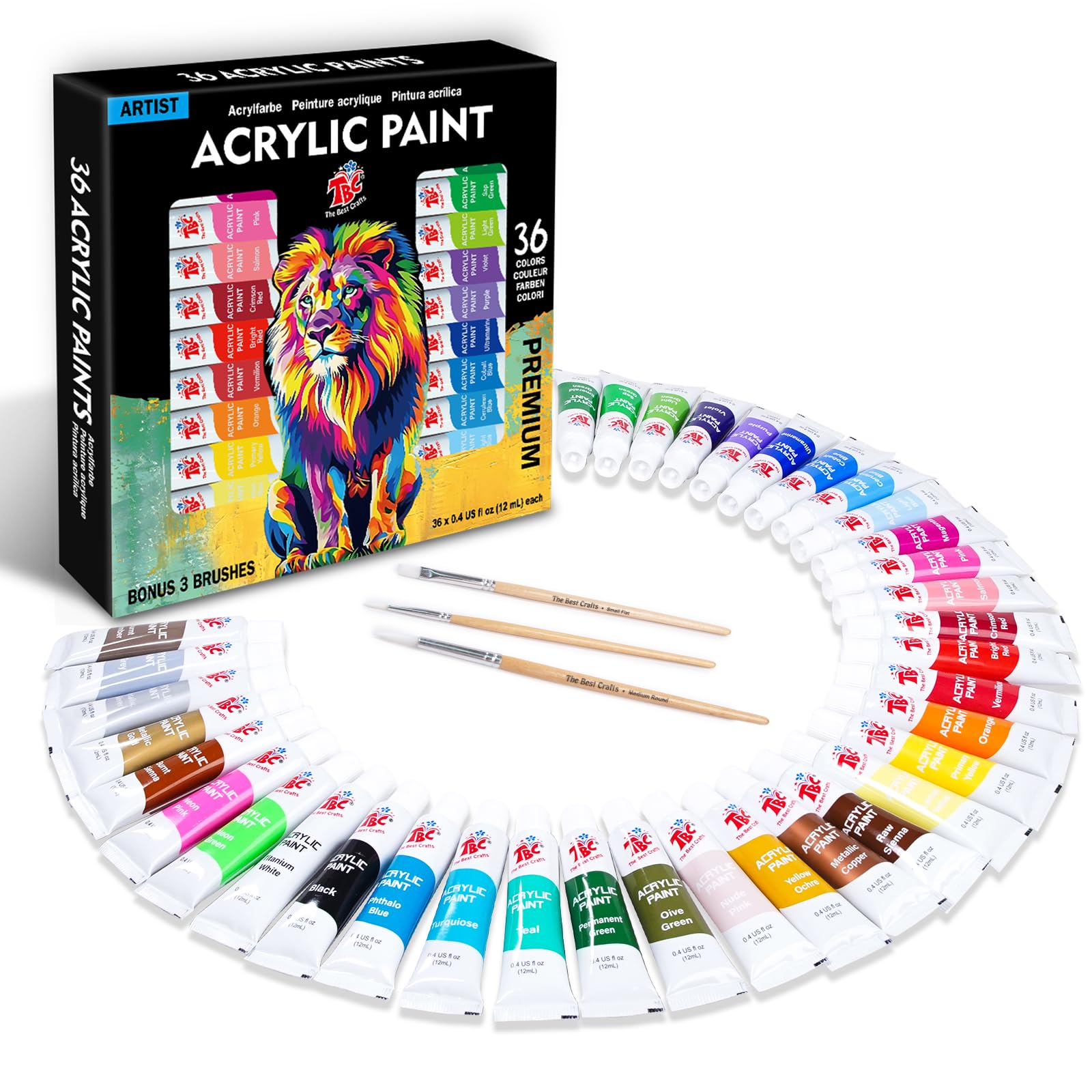TBC Colori Acrilici 36 x 12 ml, Set Acrylic Paint, colori base e metallizzati, Acrilico per Dipingere Professionali Vernice Acrilica per fai da te, Pietra, Ceramica, Legno, carta,Tela, Sassi, Tessuto