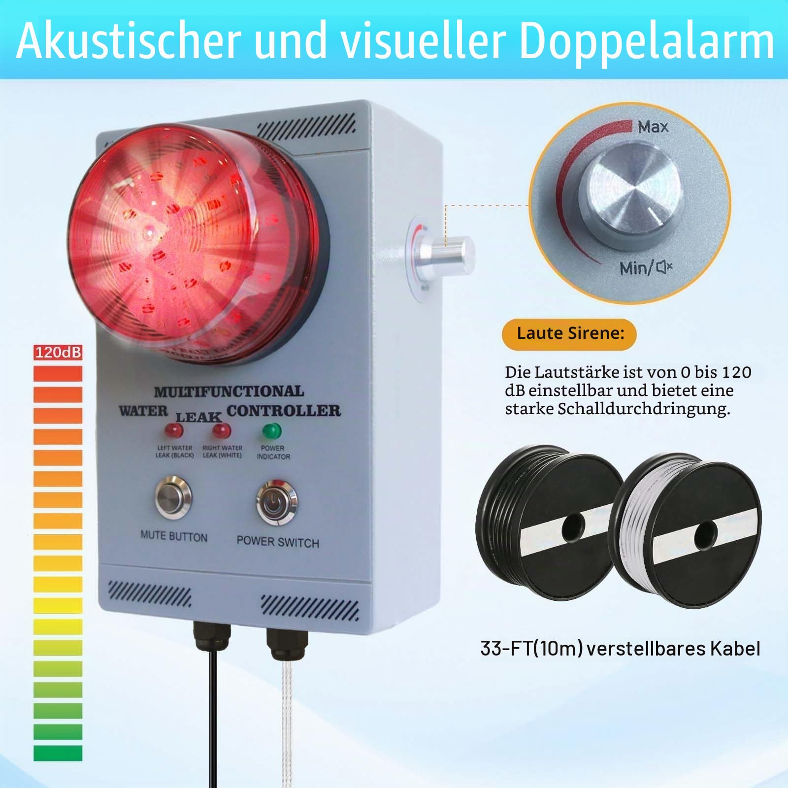 Professioneller Wasseralarm, Leckwächter mit zwei Sensoren, 120 dB einstellbarer akustisch/visueller Alarm, 10 m Kabel, Vollmetall Industriequalität für Sumpfpumpen/Keller/Klärgruben/Fabrik/Lagerhalle