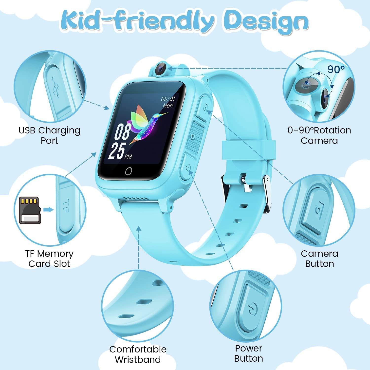 Awatty Smartwatch Kinder, Kinderuhr Jungen Mädchen, Kinderspielzeug 3 4 5 6 7 8 9 10 11 12 Jahre, Geburtstagsgeschenke, mit 90° drehbare Kamera, 14 Spiele, Musik, Wecker, Stoppuhr, Datum - Blau