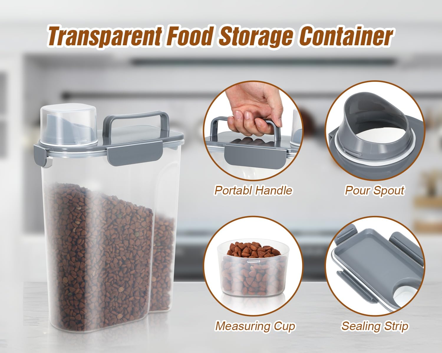 TBMax Contenedor de almacenamiento de alimentos para gatos de 5 litros con tapa, recipiente portátil para alimentos para mascotas con boquilla grande y taza medidora, recipiente hermético para