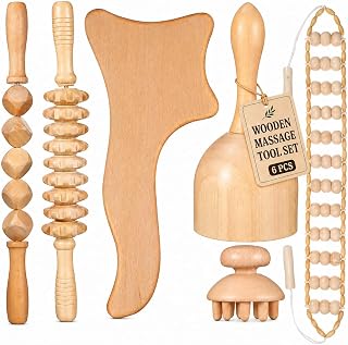Ciieeo 6 Pcs Wood Therapy Massage Tools Set Wooden Roller Stick Massage Cups Therapy Tools for Body Shaping Office Fatigue Relief Circulation Support