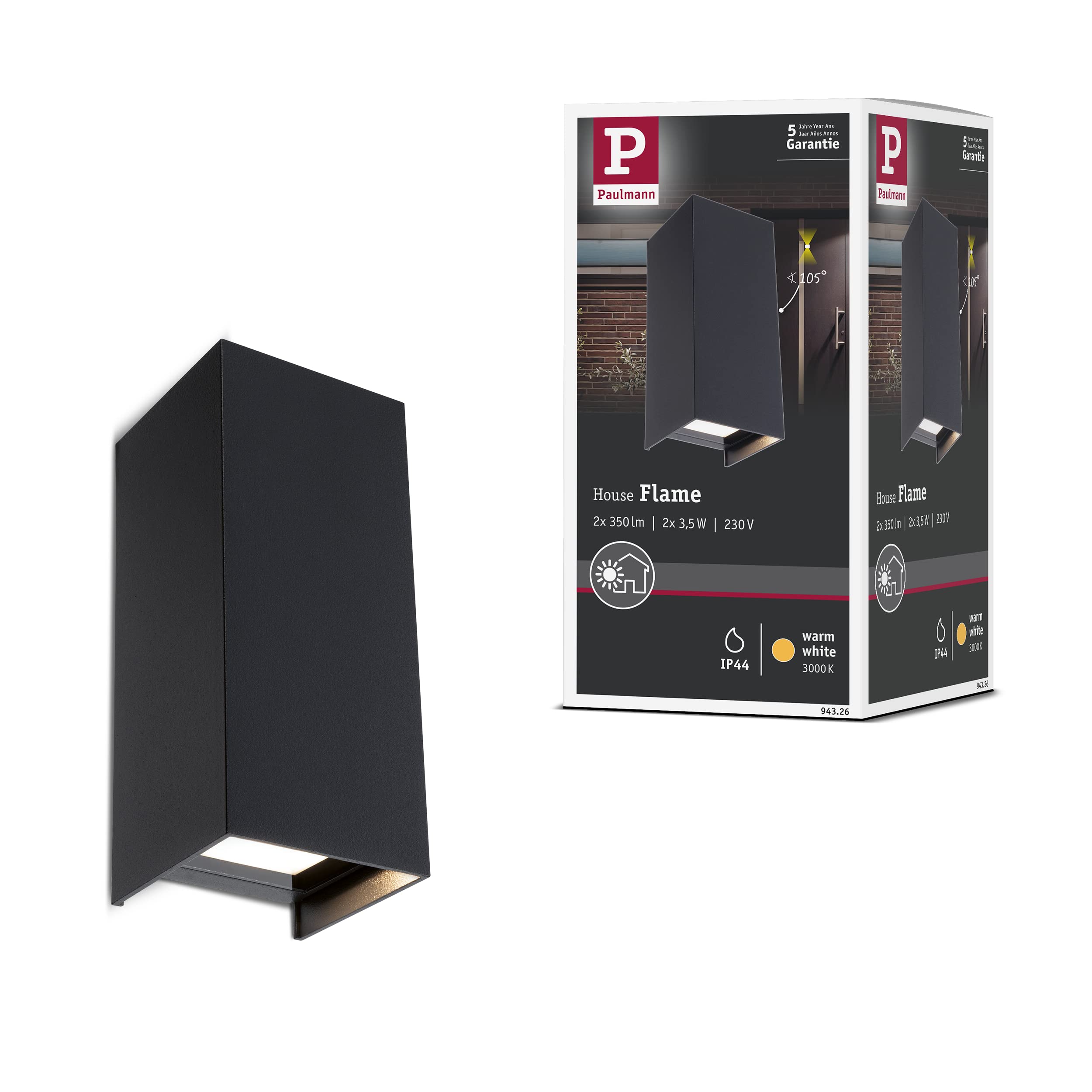 Paulmann 94326 Flame LED Outdoor luminaire Outdoor wall luminaire Set of 2 IP44 Rectangular incl. 2x2.8 watt Anthracite Aluminium 3000 K