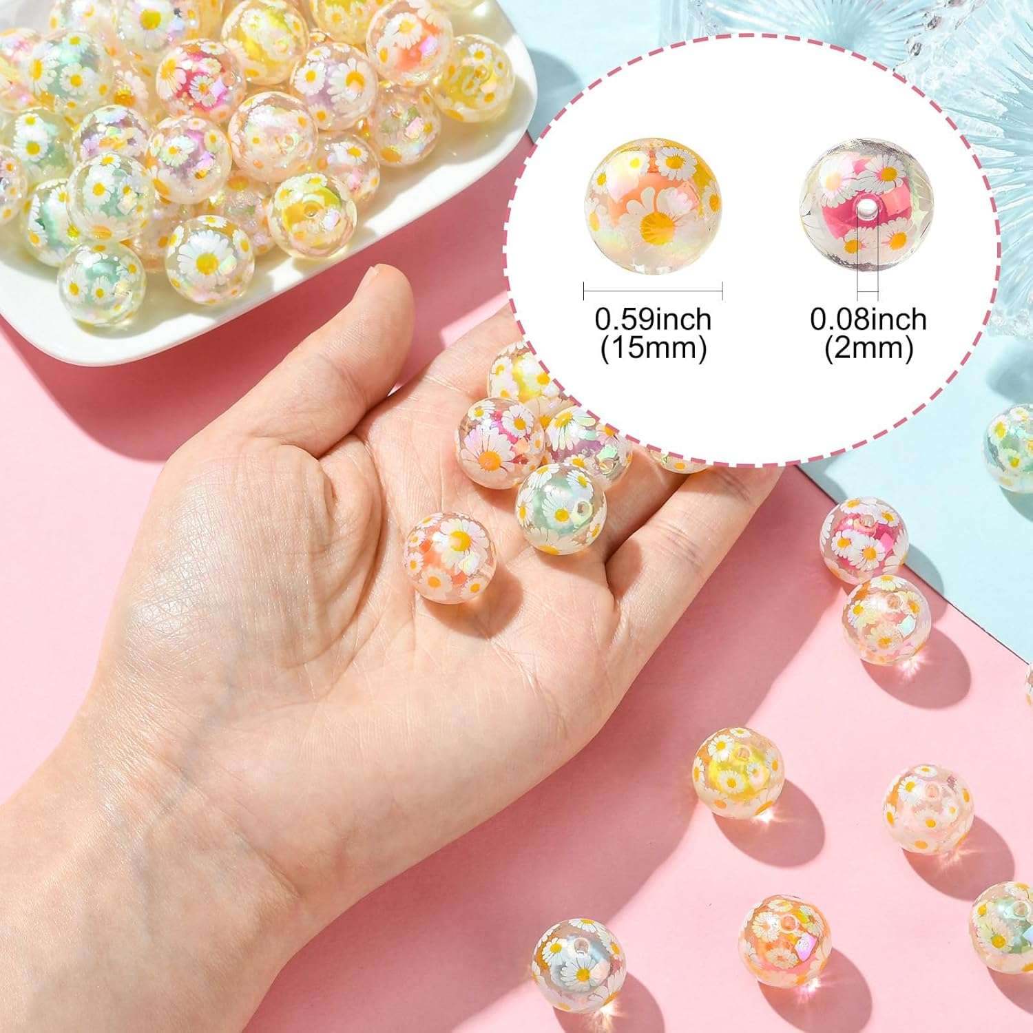 LiQunSweet 30 pcs 15mm Round with Daisy Flower Pattern Acrylic Beads Mix Colors Bubblegum Chunky Round Beads for DIY Jewelry Bracelet Necklace Earring Crafts Keychain Bag Home Decor - Image 2