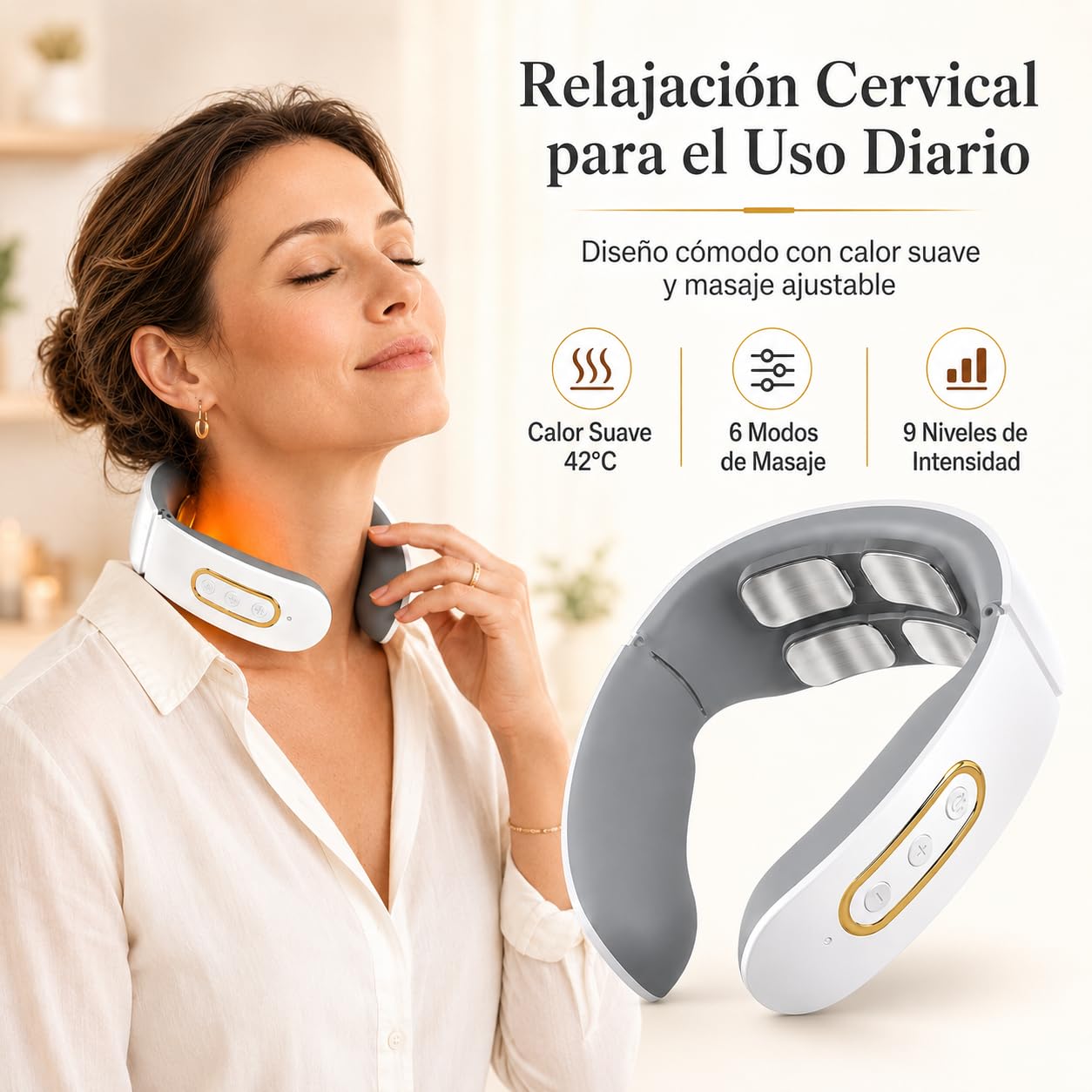 Masajeador Cervical Eléctrico con Calor 42°C, Masajeador de Cuello Recargable con 6 Modos y 9 Intensidades, Diseño Ergonómico en U, Portátil y Silencioso para Casa, Oficina y Viaje