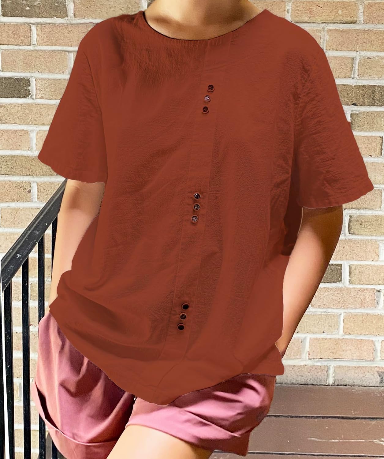 Women Cotton Linen Crew Neck Short Sleeve Tunic, Tee Shirts Tops Loose Fit, Linen Blouse for Women - Image 2