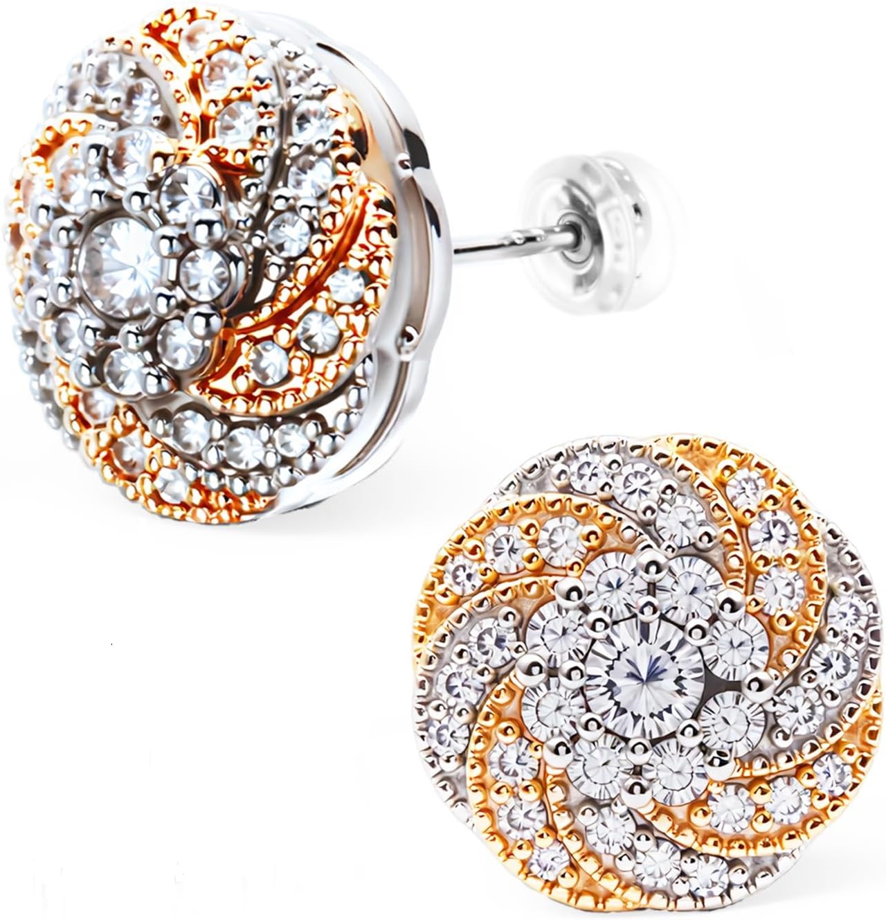 18K Gold Plated Cubic Zirconia Stud Earrings for Women Men, Small Two-Tone White and Yellow Gold Earrings, Hypoallergenic Sterling Silver Stud Earrings for Sensitive Ears (with LED Velvet Box)