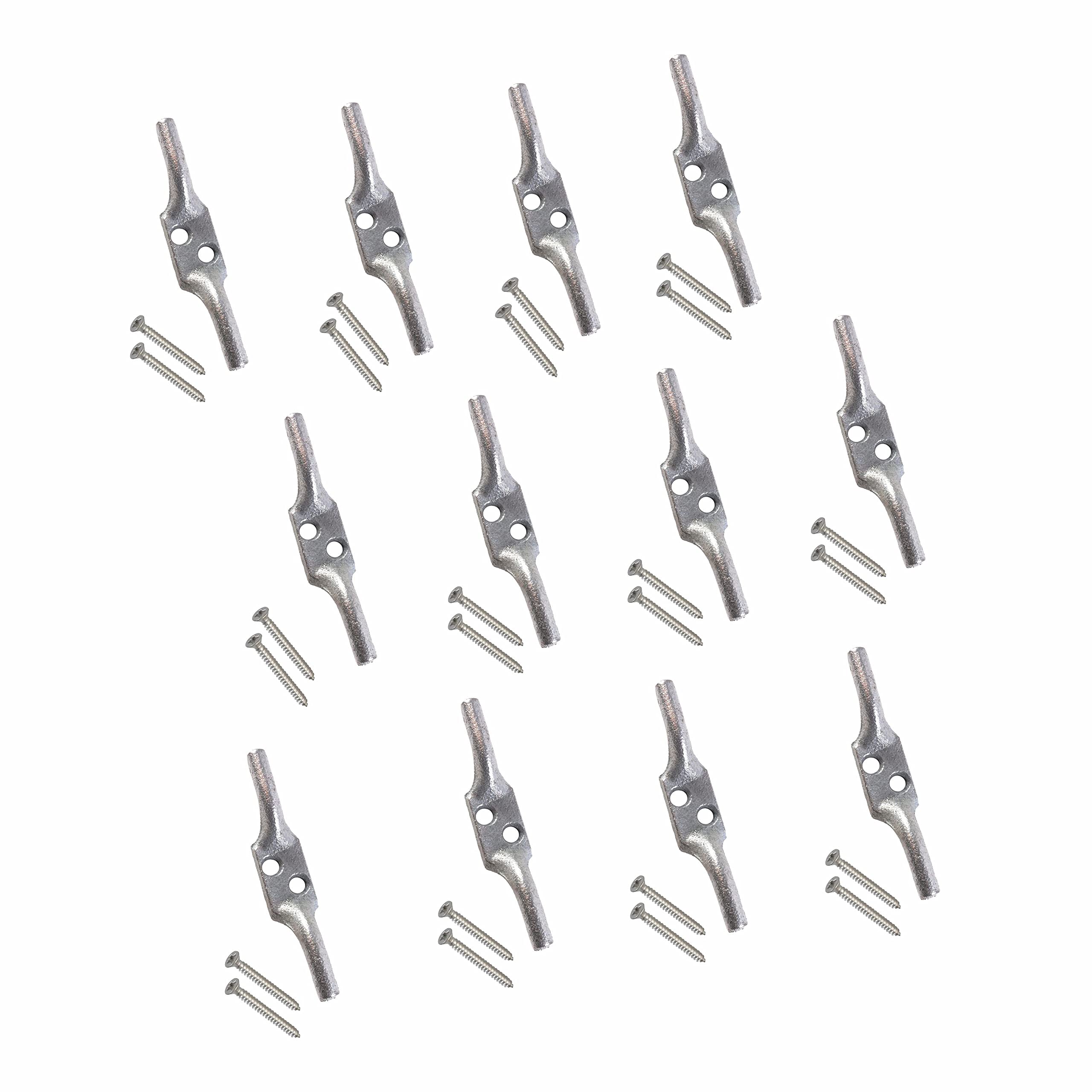 Sul Silver Heavy Duty Galvanised Rope Cord Cleat Hooks, Flagpole & Trailer Rope Tiebacks - 4 Inch (12 Pk) With Screws