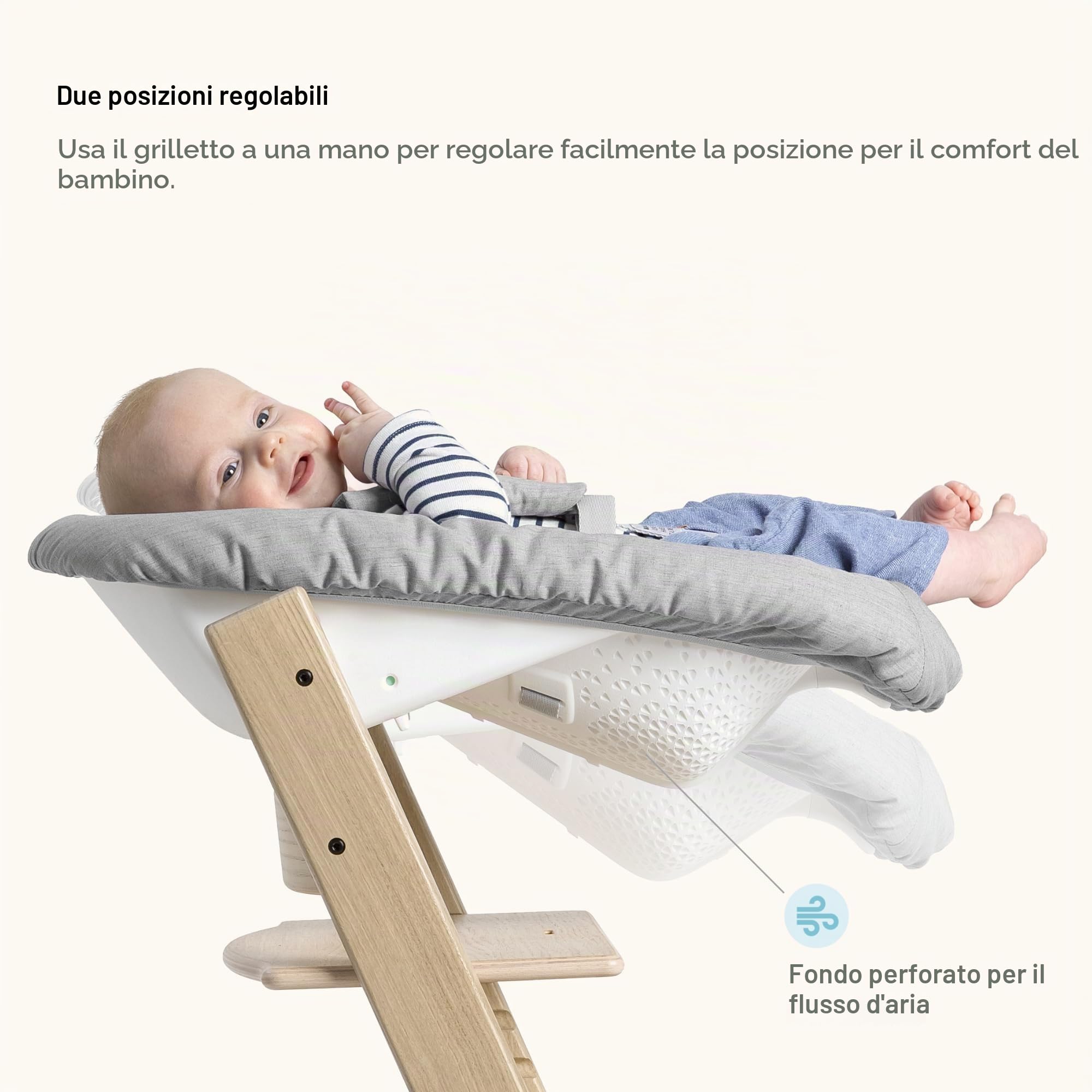 Seggiolone Tripp Trapp di Stokke, Whitewash/White (Include Sedia + Baby Set 2) con Newborn Set - Design Sicuro, Regolabile, Ergonomico