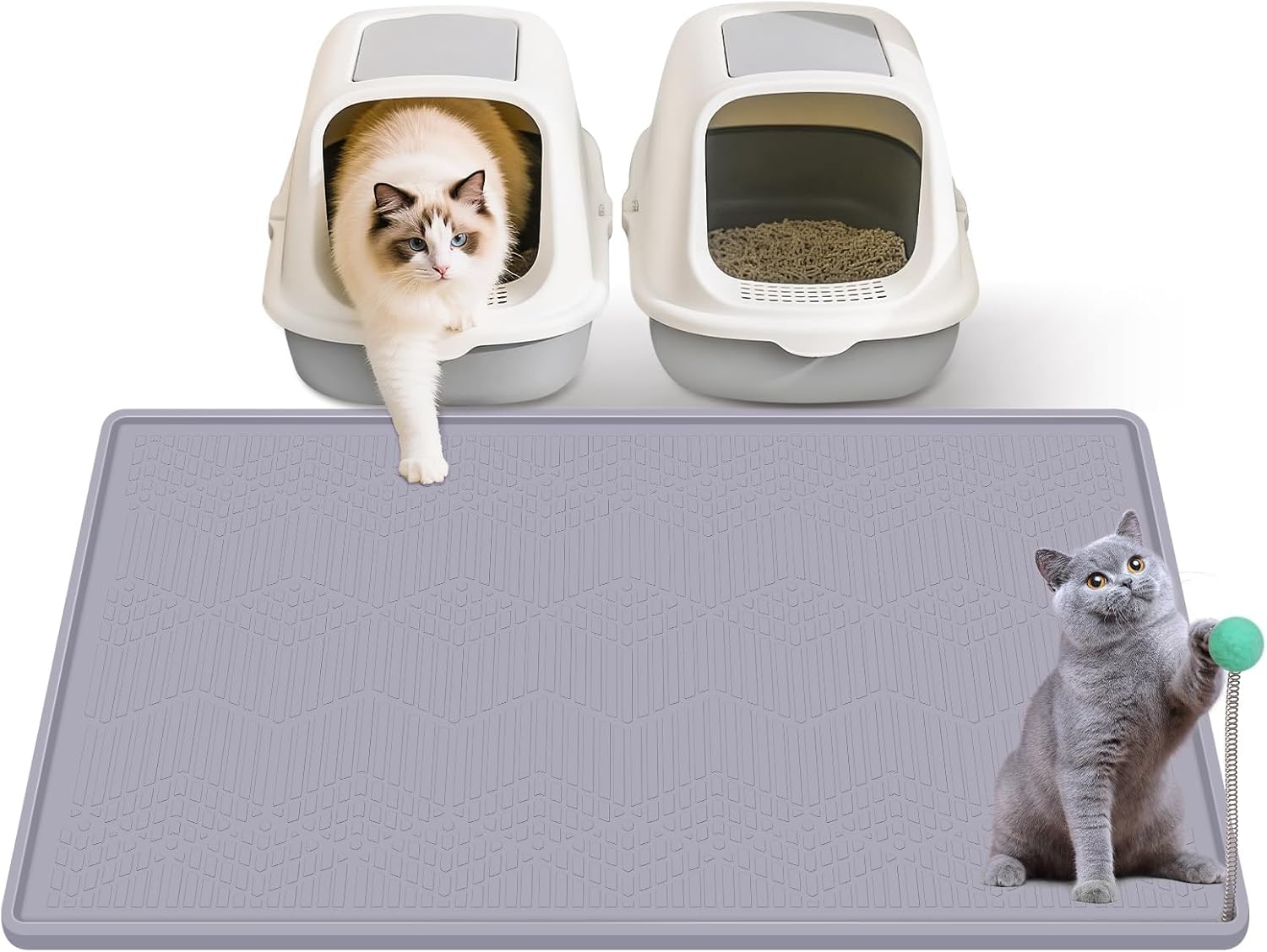 Miyounuo Silicone Cat Litter Mat with Toy, 38x25 Inch Large - Waterproof, Easy Clean Trapping Mat for Kitty Litter Box, Non-Slip Litter Box mat for Hardwood Floors & Carpet Protection (Grey)