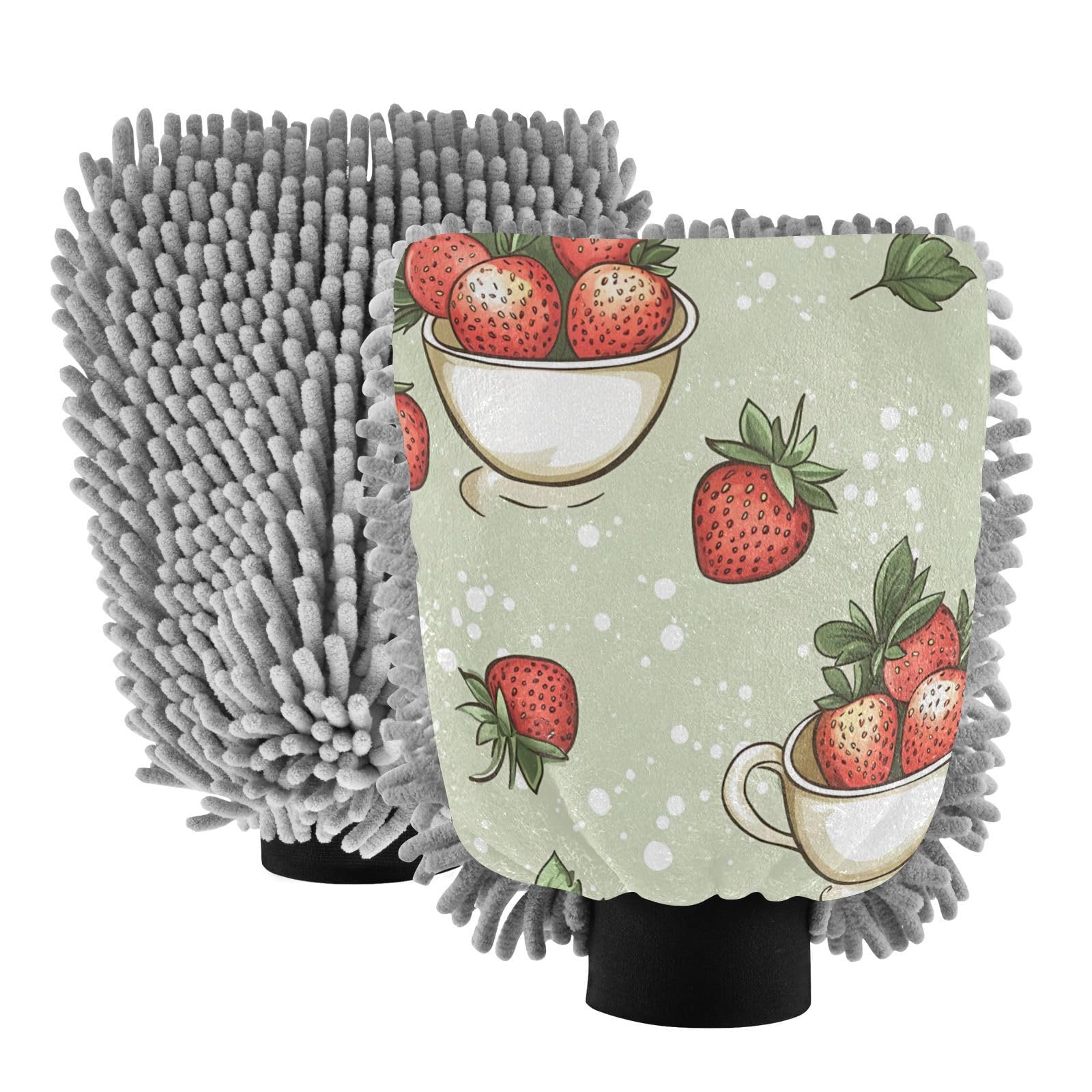STAYTOP Strawberries in The Bowl Car Wash Mitt Microfiber, 2Pcs Scratch Free Lint-Free, Premium Chenille Microfiber Mitt Car Wash Brush-L