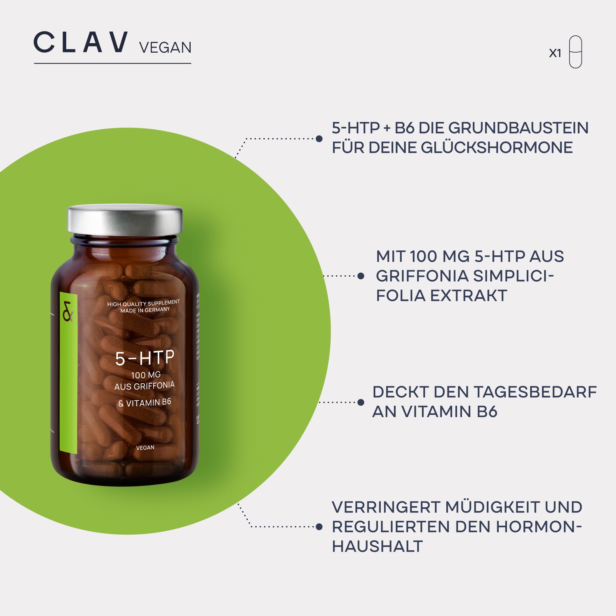 CLAV® 5-HTP Kapseln hochdosiert – 240 Kapseln – plus Vitamin B6 – für Nerven und Psyche – 100 mg aus Griffonia Simplicifolia Samenextrakt – natürlich pflanzlich & vegan