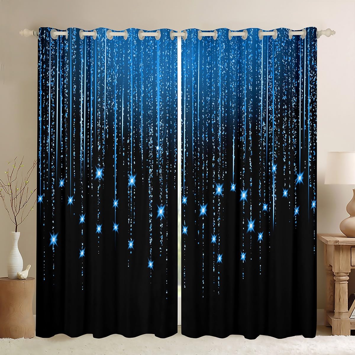 Abstract Ombre Curtains Blue Black Teens Window Curtains for Bedroom Living Room for Boys Girls Women Kids Modern Geometric Window Drapes Treatments