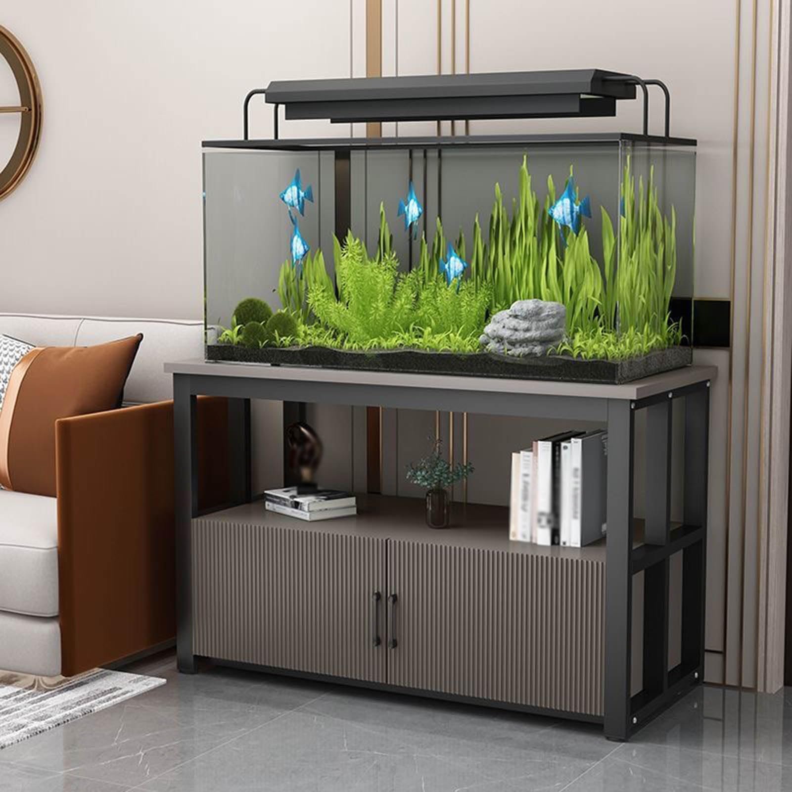 Stojak Na Akwarium, Stojak Na Akwarium Z Półką, Wytrzymały Stojak Na Terrarium Dla Żółwi Hodowlanych Do Biura Domowego, Metalowy Stojak Na Terrarium Dla Gadów,(Czarny+Szary-90 * 40 * 70Cm)
