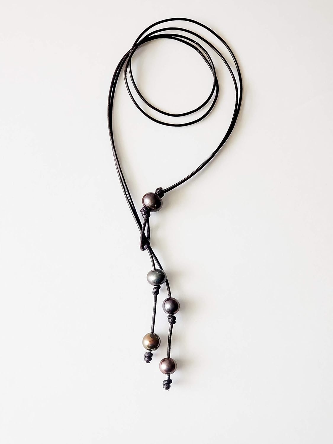 Black Leather Black Pearl Y necklace, 20 inches long above the tassell