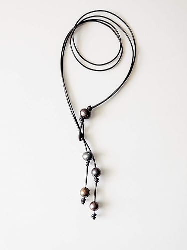 Miniatura 5 de Black Leather Black Pearl Y necklace, 20 inches long above the tassell