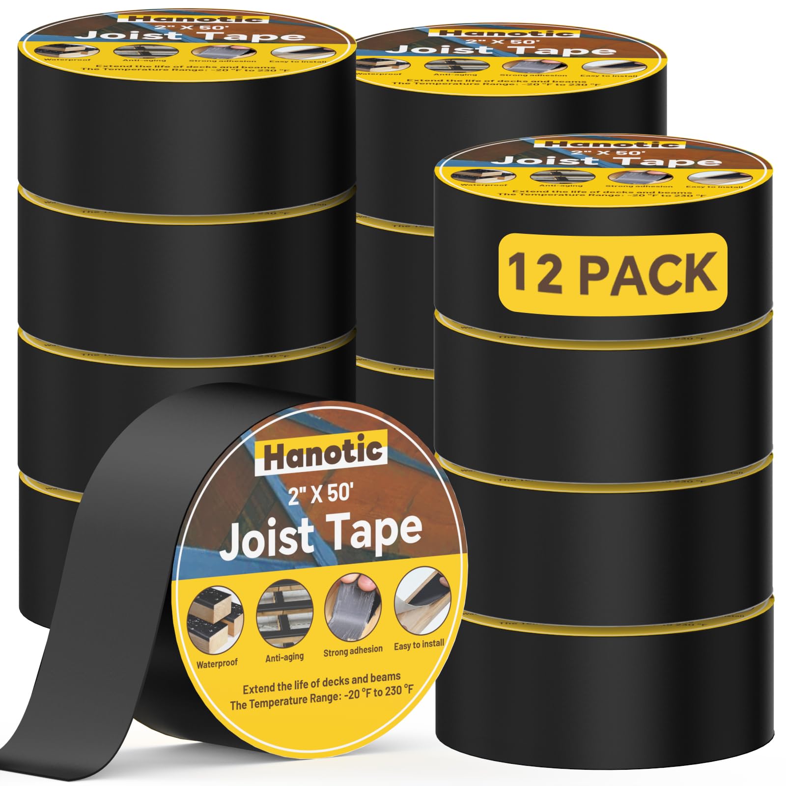 Hanotic Decking Tape 50mm x 15.2m, 12 Rolls Waterproof Deck Joist Tape