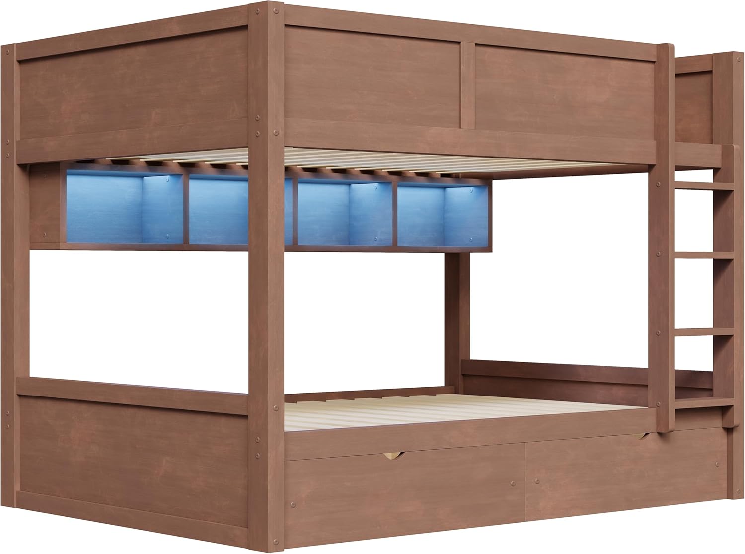 Full XL Over Full XL Bunk Bed with Drawers, Wood Bunk Bed with Storage Cabinets and LED Lights for Kids Teens, Wooden Bunk Beds for Adult, No Box Spring Needed, Brown