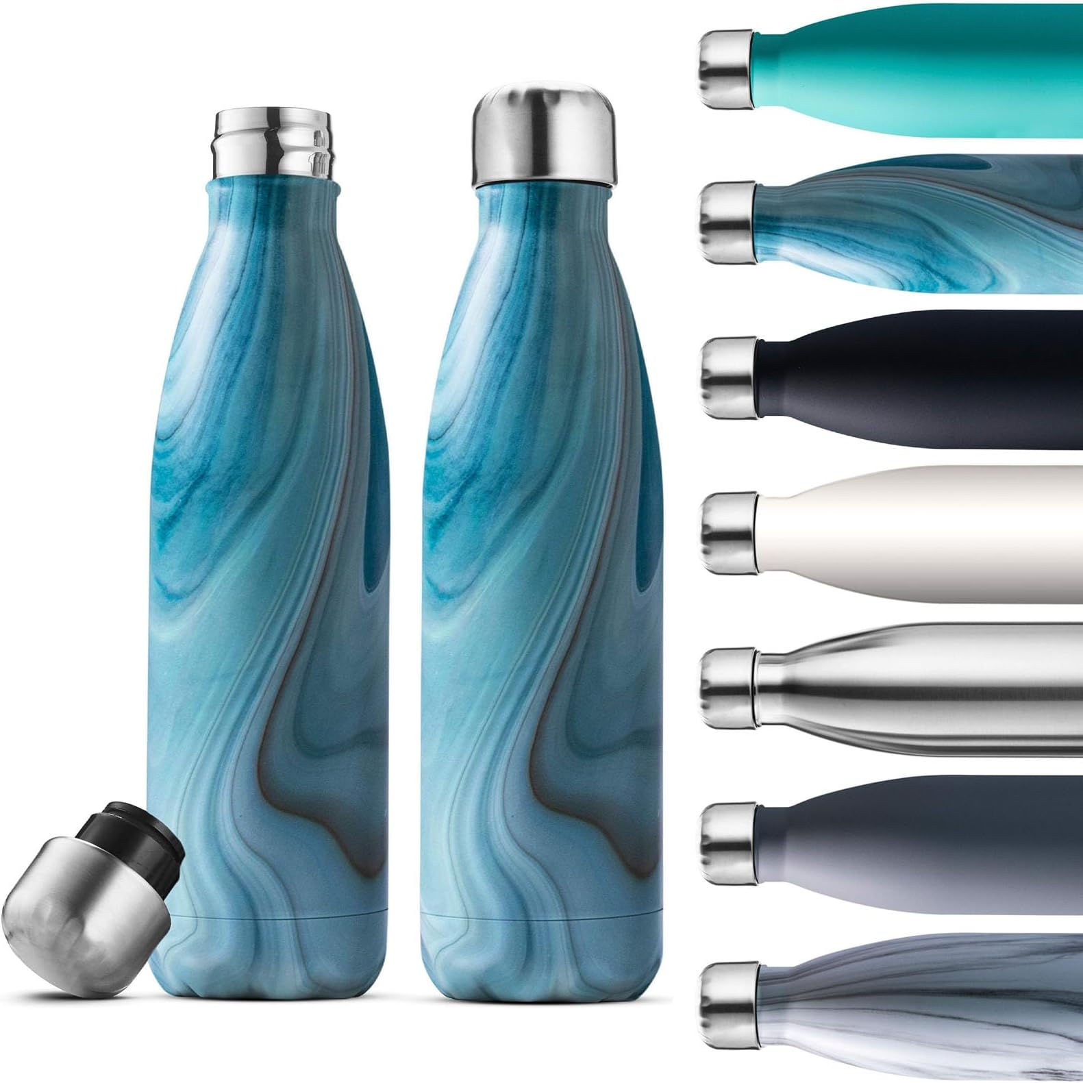 2 Pack 500ml Insulated Stainless Steel Water Bottle, Sleek Bottles, Keeps Hot & Cold, 100% Leakproof, Sweat Proof Bottles, Great for Travel, Picnic & Camping (Exquisite Blue Marble)