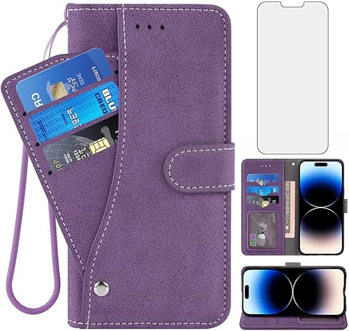 Asuwish Funda tipo cartera compatible con iPhone 14 Pro de 6.1 pulgadas, protector de pantalla de vidrio templado, correa para muñeca, soporte para