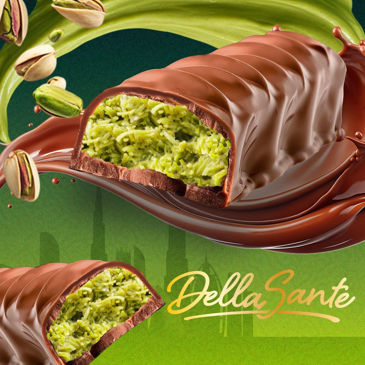 DellaSante – Protein Riegel Pistazie in Milchschokolade, 24x45g, Eiweißriegel für Sport & Fitness, Ohne Palmöl, Kadayif-Crunch Protein Bar