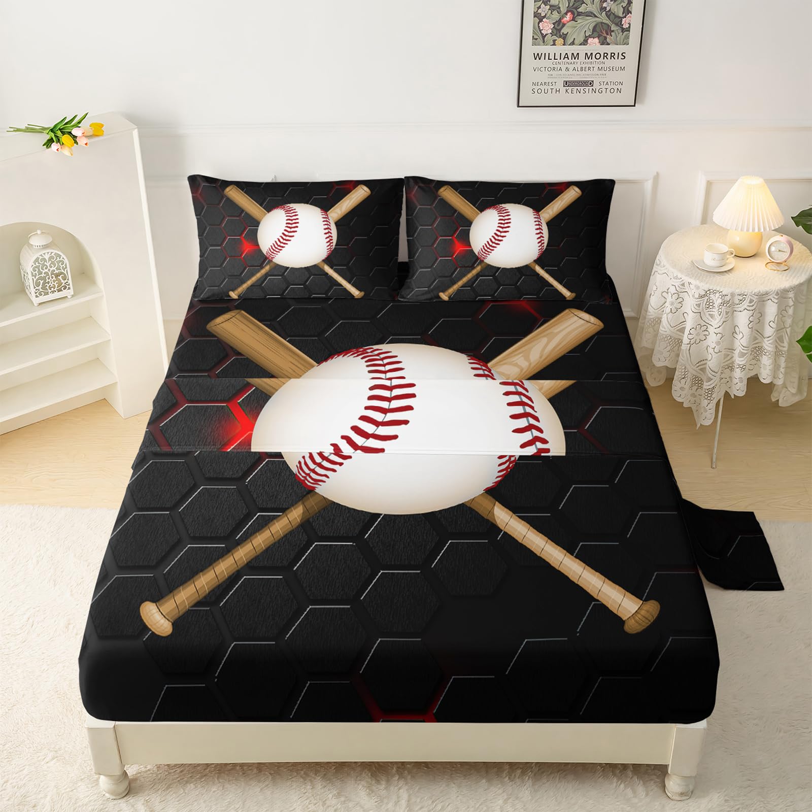 QOOMO Baseball Sheet Set,Honeycomb Kids Bed Sheets,Black Baseball 16" Deep Pocket Bed Sheet Set for Boys/Girls/Kids/Teens，4 Piece Sheet Set, 1 Fitted Sheet,1 Flat Sheet and 2 Pillowcases，Full Size