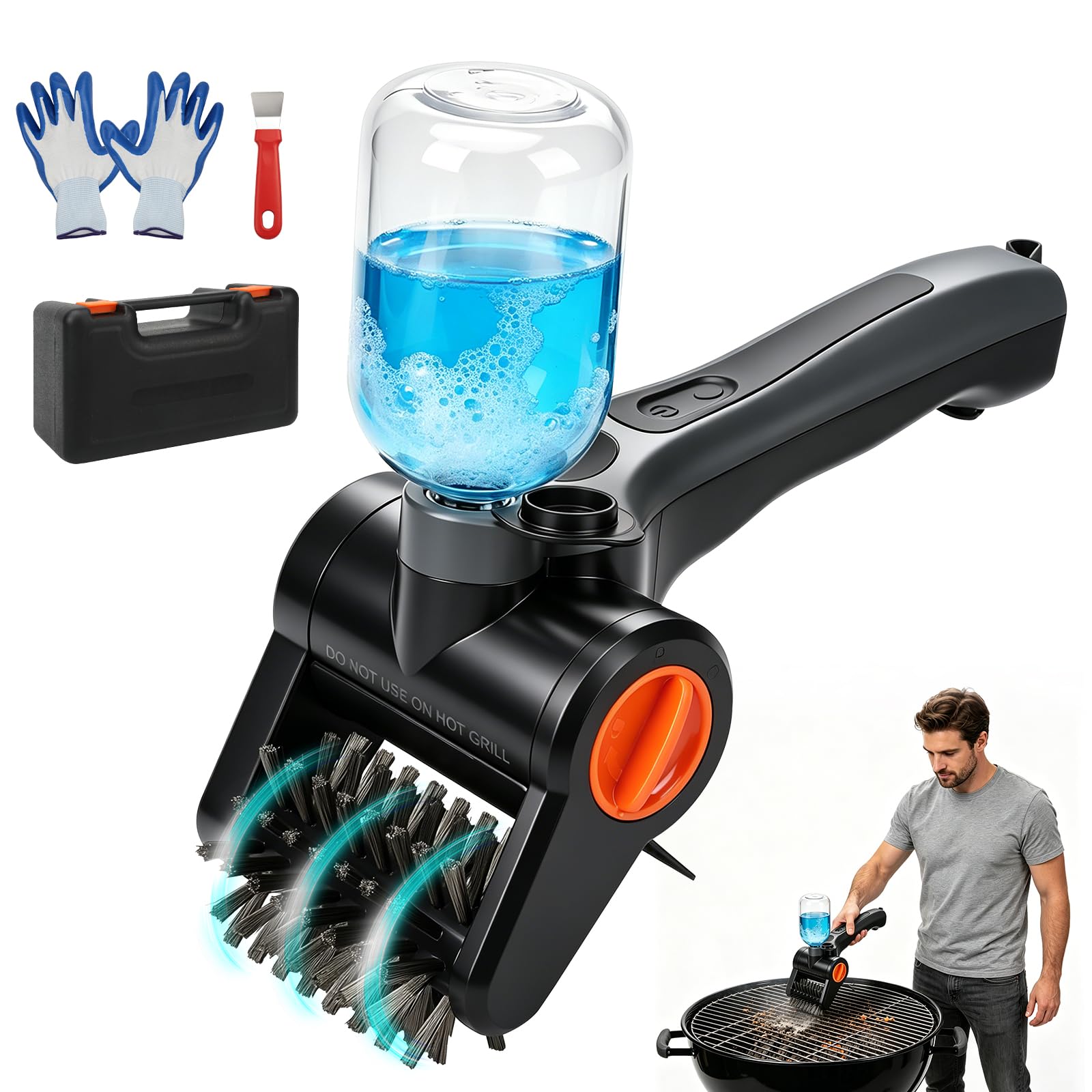 Roadtime Spazzola elettrica senza fili, spazzola per la pulizia del barbecue, 300 ml, contenitore liquido con batteria da 2600 mAh e testina in acciaio inox a 360°, spazzola per la pulizia con