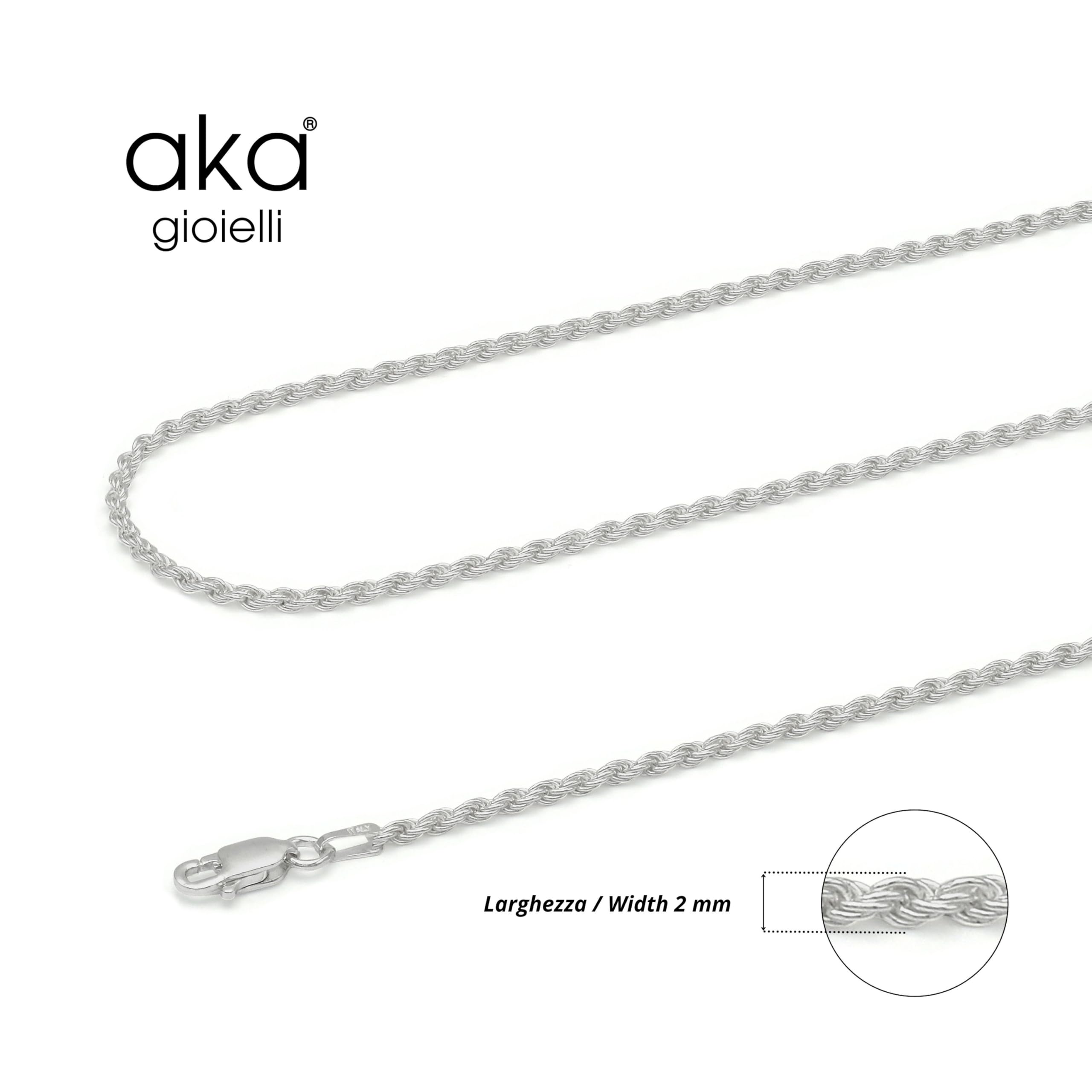 AKA Gioielli® - Cadena Trenzada 2mm Plata De Ley 925 Chapada en Rodio - Collar Cuerda Mujer Plata - Longitudes: 40 45 50 55 60 70 cm