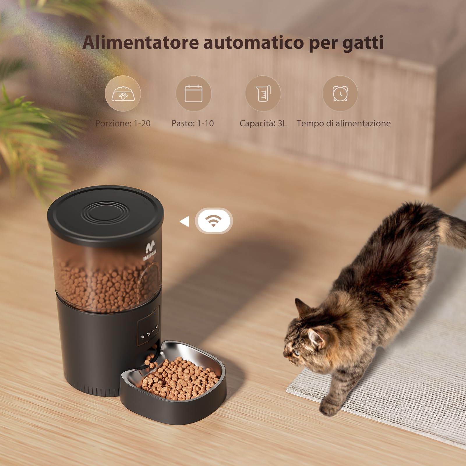 IMIPAW Distributore Automatico Cibo Gatti, Controllato da APP, 5G/2.4G WiFi Alimentazione a Distanza, 10 Pasti al Giorno, 3L Dispenser Cibo Secco per Animali Di Piccola e Media Taglia