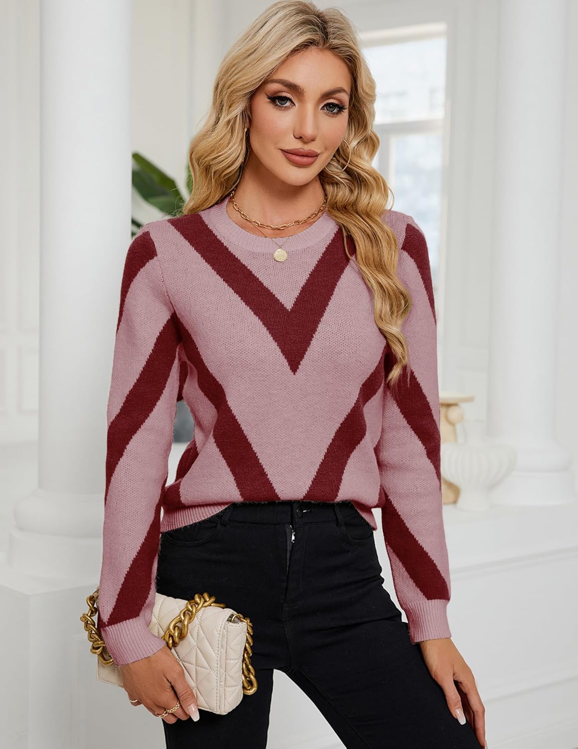 Womens Dressy Casual Color Block Striped Sweater Fall 2025 Trendy Outfits Lightweight Ribbed Knit Pullover Top