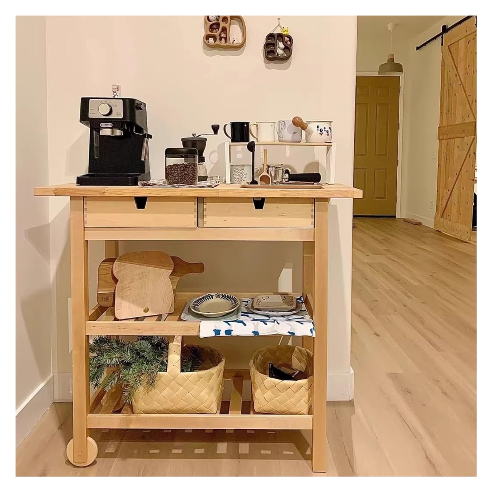 Carrello da cucina Isola cucina su ruote con cassetti, ripiani aperti a doghe, piano di lavoro e ruote mobili