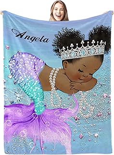 Cute African American Girl Mermaid Personalized Baby Blanke Name Soft Fleece Swadding Blankets Throw for Newborn Baby Girls Boys Pet Nursery 30' x 40'